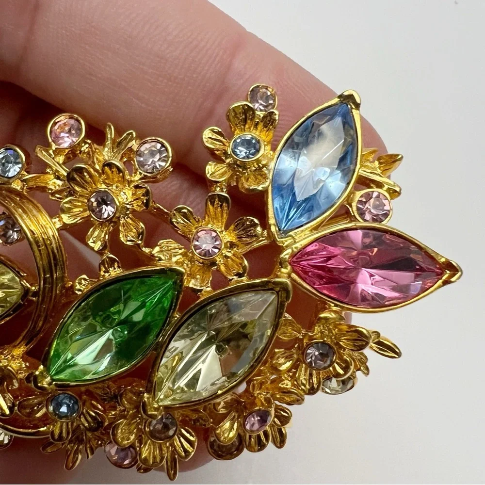 Vintage Diedre Hall Signed Multicolor Pastel Rhinestone Floral Branch Pin Brooch